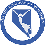 Commission for Women logo blue ring around State of Nevada with woman character dancing